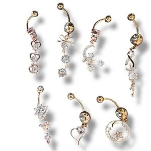 NEW 7 Pc Belly Button Bar Piercing Jewelry - Rose Gold & Crystals - Body Jewelry